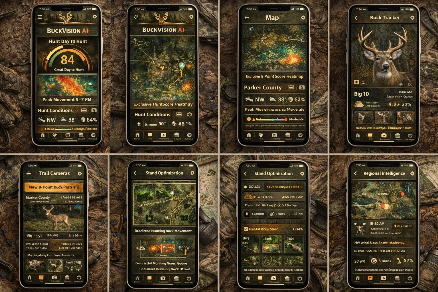 BuckVisionAI screens laid out in a field scene