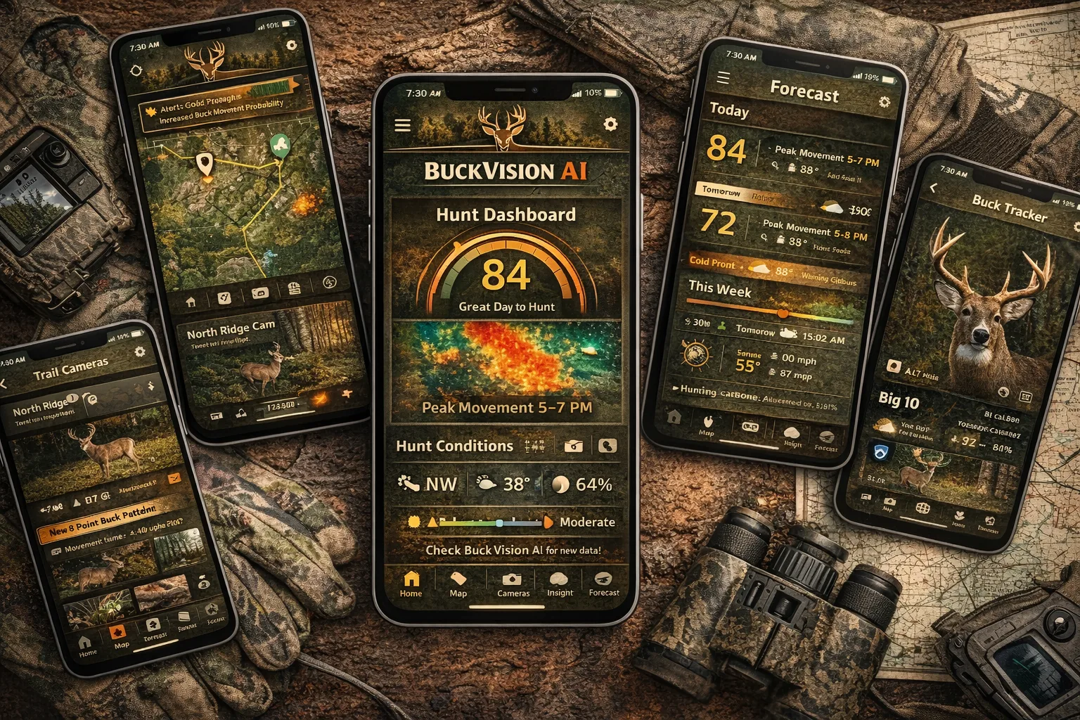 BuckVisionAI app screens and hunt dashboard mockups
